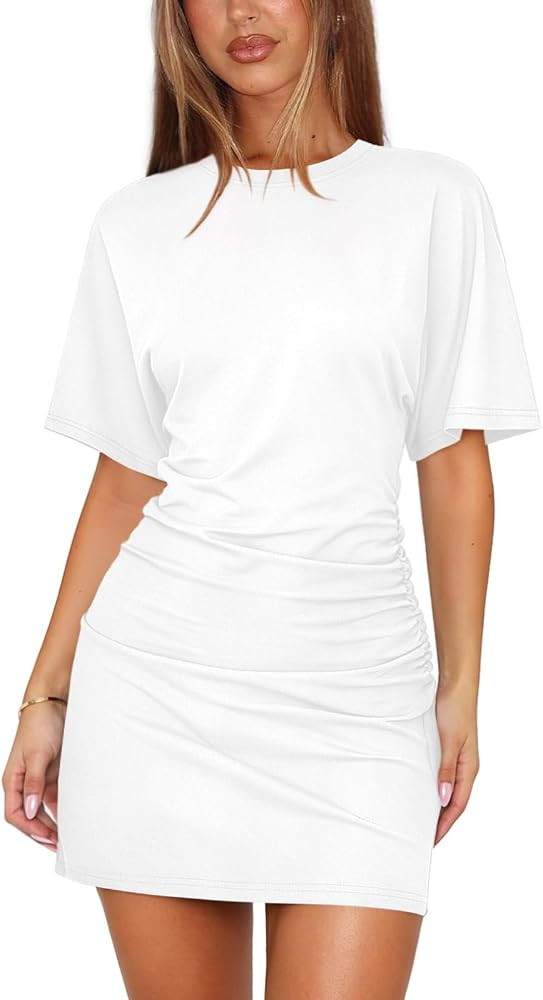 Womens Summer Casual T Shirt Dresses for Women Batwing Cinched Waist Dress Short Sleeve Ruched Bo... | Amazon (US)
