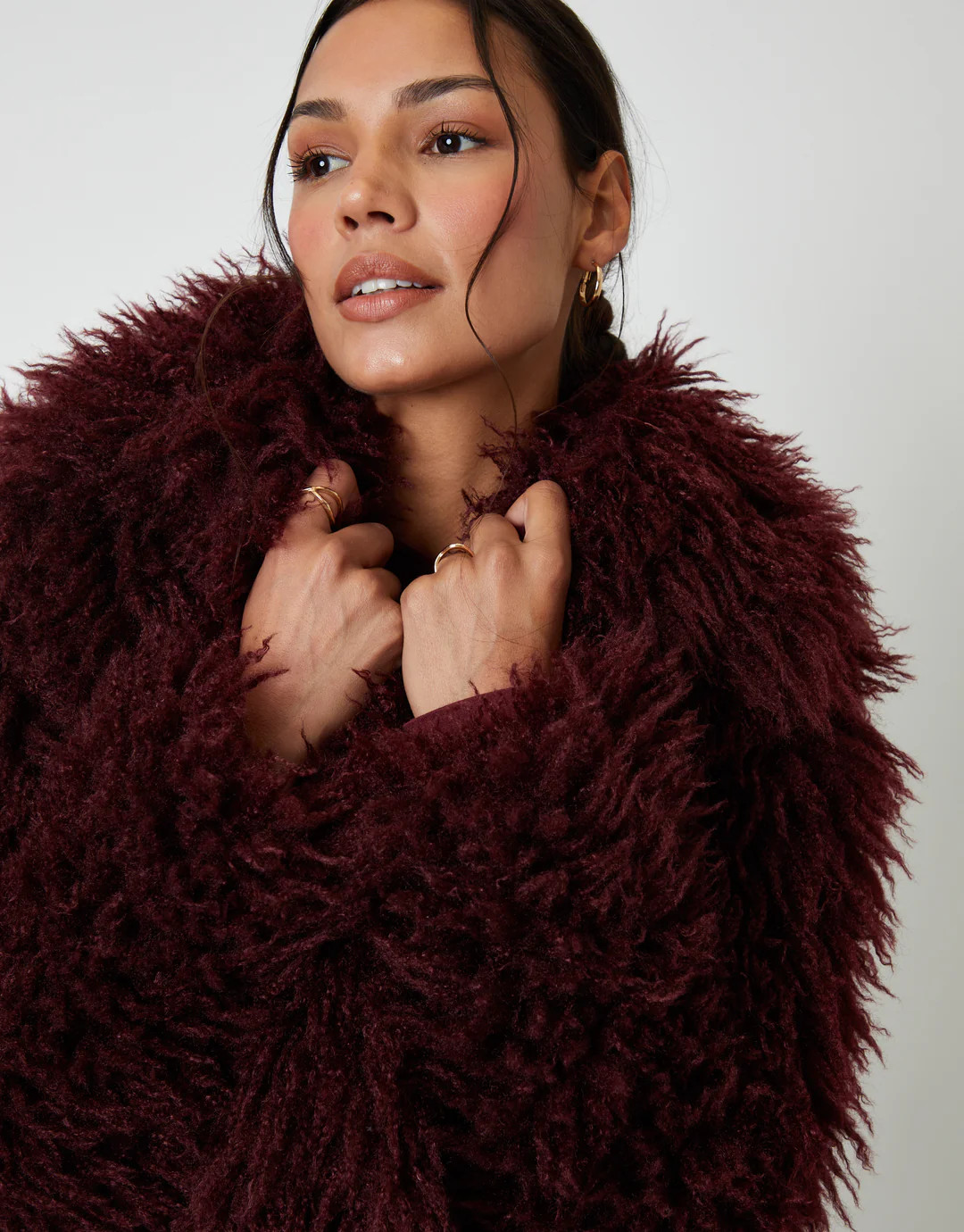 Berry Red Collared Faux Fur Coat | Threadbare