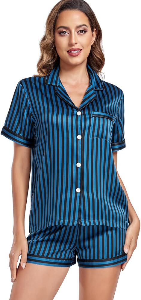 Serenedelicacy Women's Satin Pajama Set 2-Piece Sleepwear Loungewear Button Down Short Sleeve PJ ... | Amazon (US)