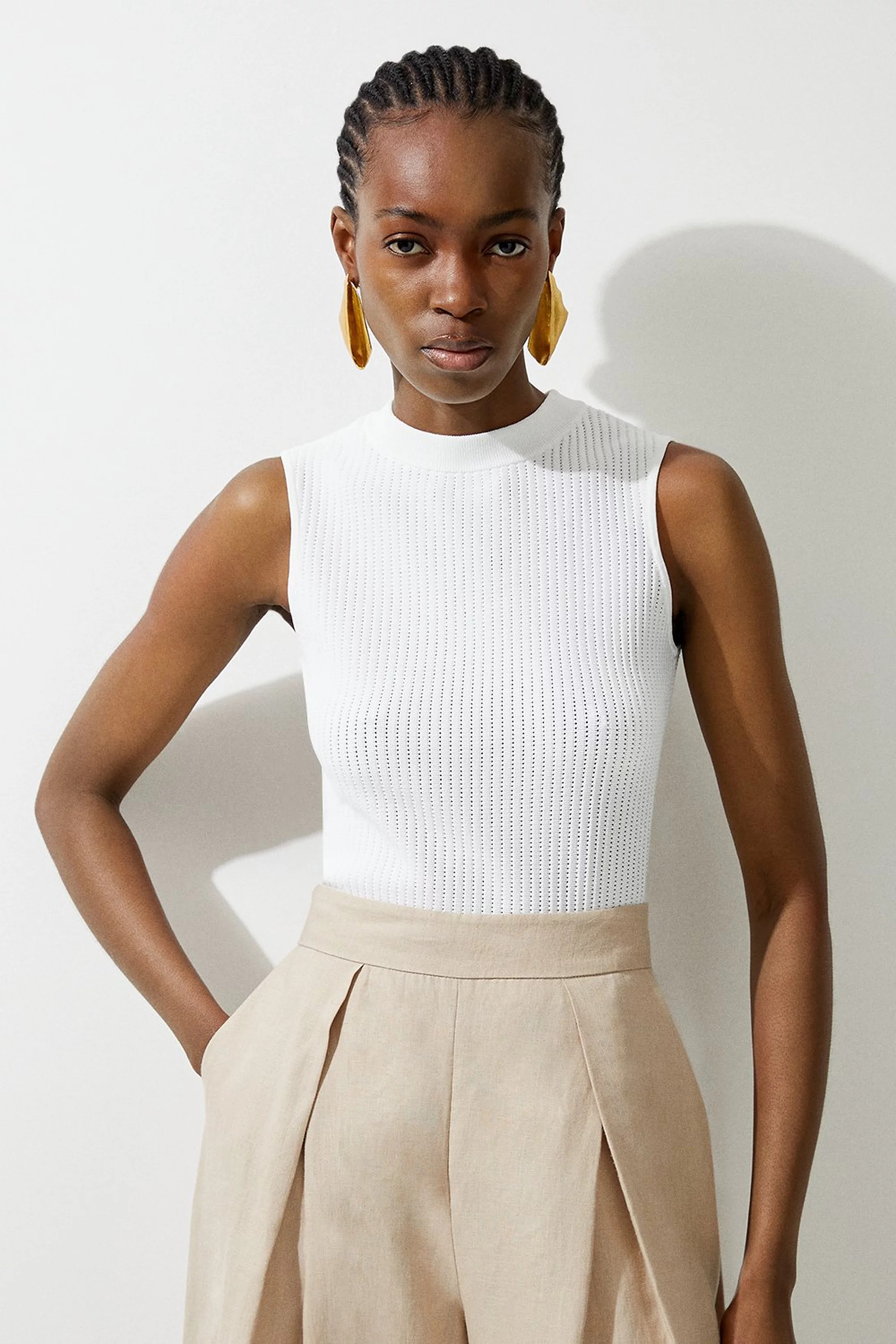 Viscose Blend Pointelle Knit Racer Top | Karen Millen UK + IE + DE + NL