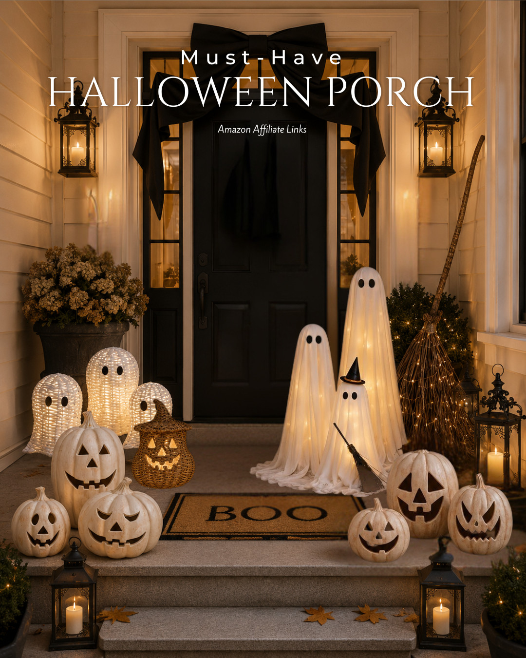 Cute, cozy, and just the right amount of spooky. 👻🖤 If you love a neutral Halloween look, these porch favorites are an easy way to create a welcoming entry. Glowing ghost decor, oversized bows, lanterns, woven pumpkins, and classic jack-o'-lanterns make decorating for the season effortless. Everything is linked so you can recreate the look before Halloween arrives! 

 #LTKHome #LTKSeasonal #LTKHalloween #HalloweenDecor #FrontPorchDecor #NeutralDecor #FallPorch #AmazonHome #LTKSeasonal #LTKHome #LTKSaleAlert