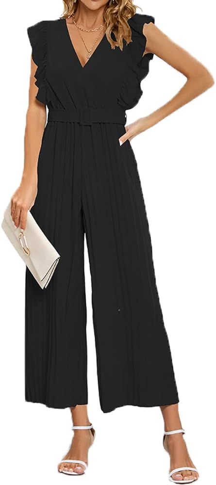 Yuanlar Women's V Neck Sleeveless Ruffles Jumpsuit Slim Fit Pleated Wide Leg Outfits Rompers | Amazon (US)