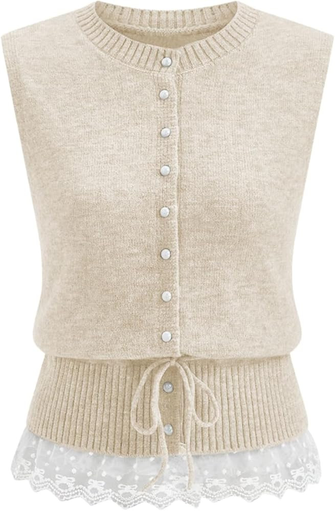 QIBABU Womens Sweater Vest Casual Button Down Sleeveless Cardigan Lace Hem Lightweight Knit Tank ... | Amazon (US)