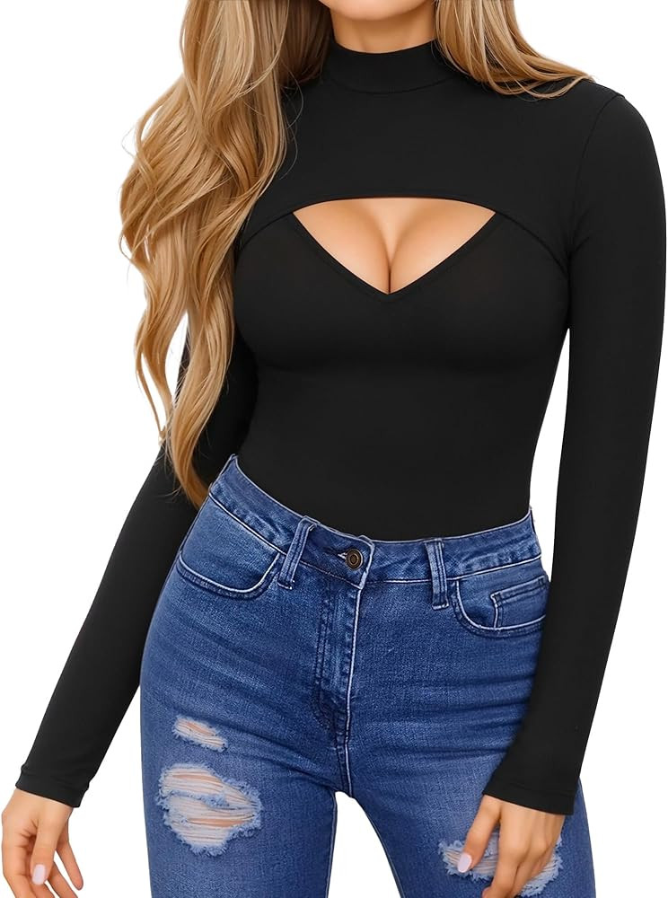 HERLOLLYCHIPS Womens Long Sleeve Tops Short Sleeve Cut Out Front Ribbed Fitted Sexy Casual Dressy... | Amazon (US)