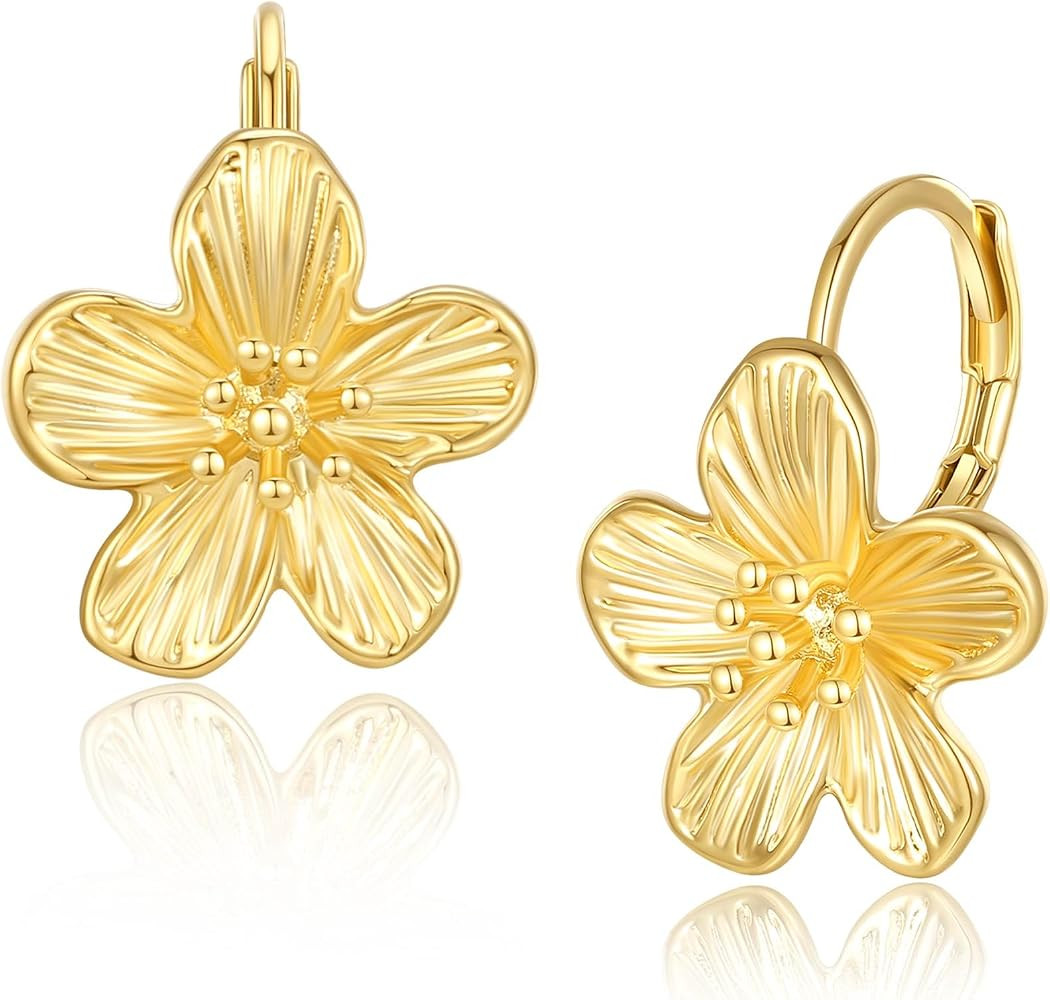 Small Dangle Earrings for Women - Vintage Flower Design, 14k Gold Plated Hypoallergenic Lever-bac... | Amazon (US)