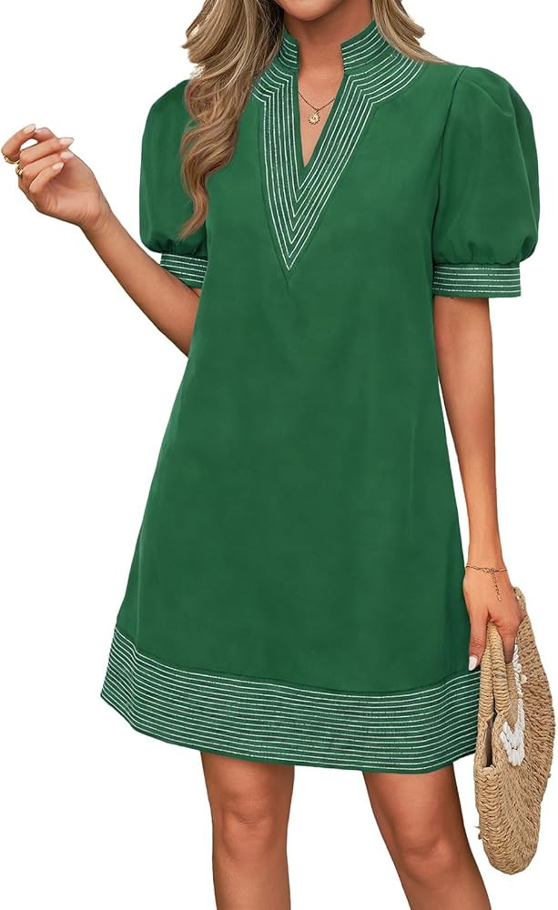 Wenrine Womens Summer V Neck Shift Dresses Casual Puff Short Sleeve Color Block Short Boho Beach ... | Amazon (US)
