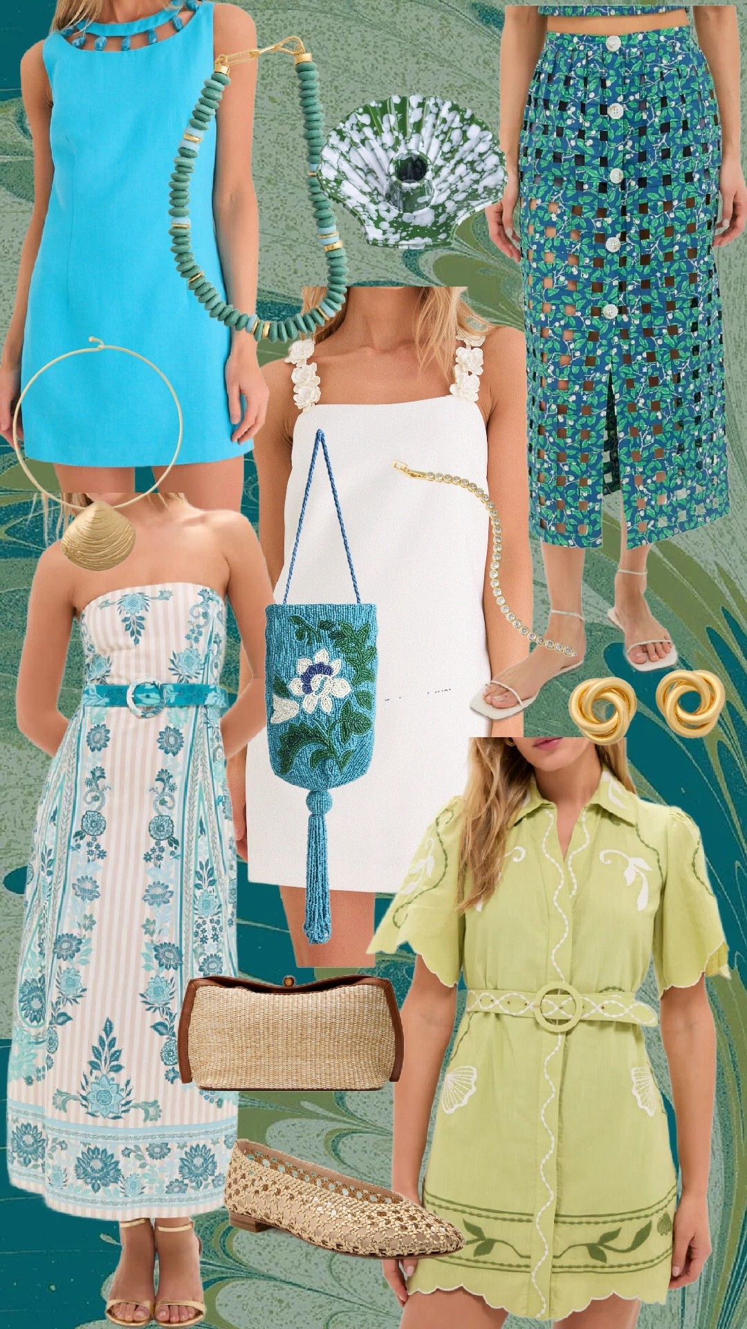 Spring new arrivals @Tuckernuck ! 

From breezy turquoise minis to heirloom-inspired florals and woven textures—this edit is giving European summer meets Southern charm. Perfect for beach dinners, resort strolls, and everything in between. Save this for your next getaway wardrobe 🤍✨

Product List:
• Turquoise shift mini dress with cutout neckline
• Green printed midi skirt (button-front)
• White floral strap mini dress
• Blue & ivory embroidered strapless midi dress + belt
• Light green scalloped shirt dress with embroidery
• Beaded floral drawstring bag (blue)
• Straw clutch with wood frame
• Woven ballet flats (neutral)
• Minimal white strappy sandals
• Chunky gold knot earrings
• Gold shell statement necklace
• Beaded turquoise necklace
• Pearl body chain
• Gold shell pendant necklace

Hashtags:
#LTKStyle #LTKSeasonal #LTKTravel #CoastalStyle #GrandmillennialStyle #ResortWear #SummerStyle #BeachOutfits #ClassicStyle #FeminineStyle #SouthernStyle #VacationOutfits #PreppyStyle #WovenAccessories #ChicSummer #OOTDInspo #LTKFinds #ShopTheLook 

#LTKTravel