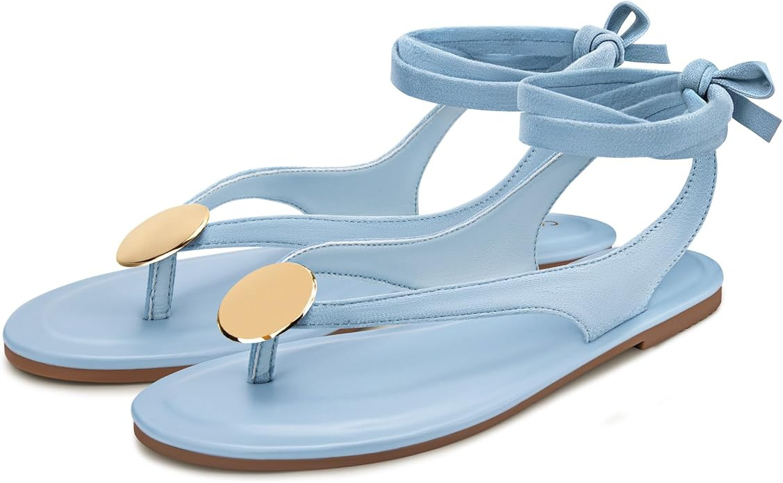 Women's Suede Flat Sandals with Metallic Accents Adjustable Strappy Flip Flops for Beach Vacation... | Amazon (US)