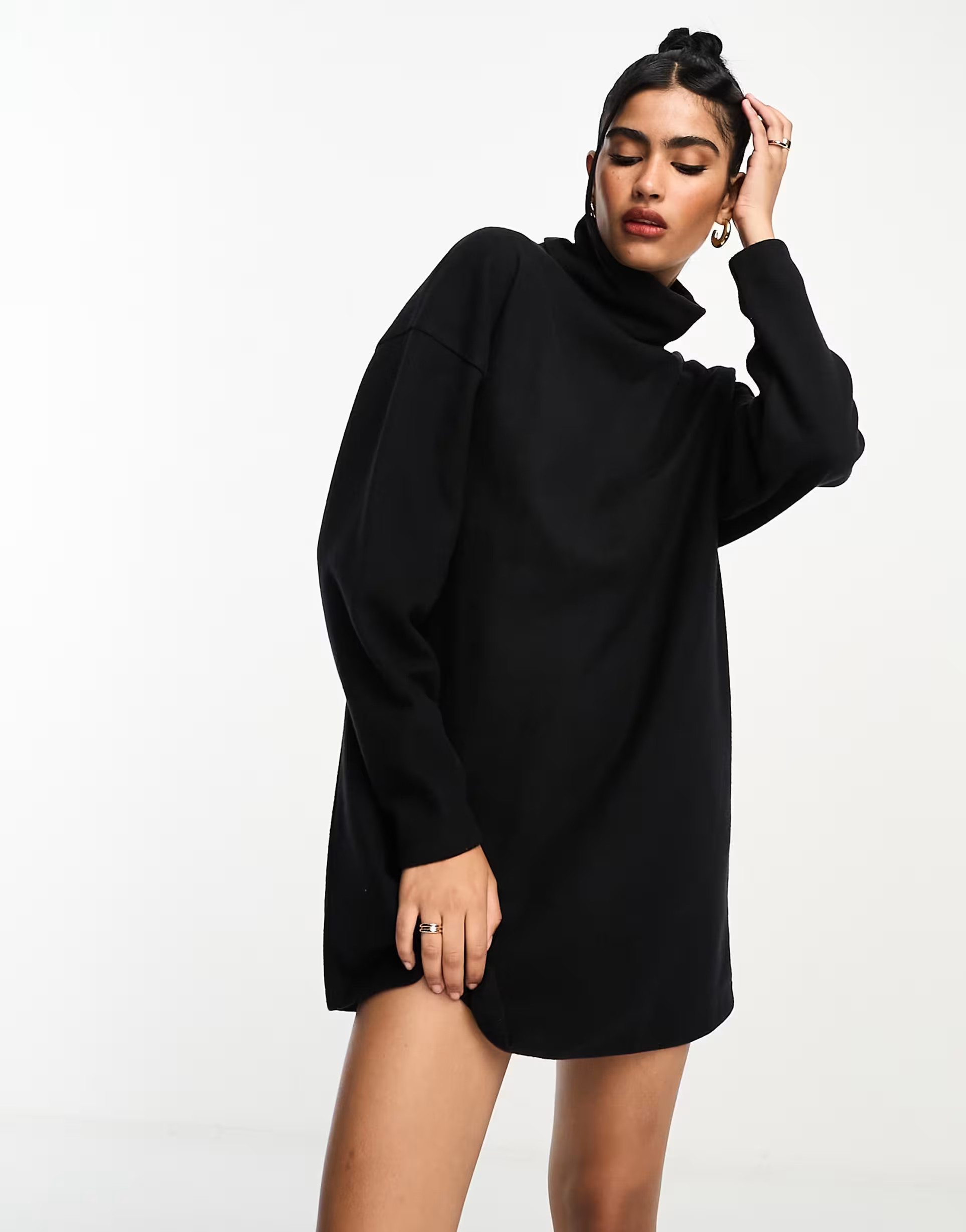 ASOS DESIGN supersoft volume sleeve roll neck mini jumper dress in black | ASOS (Global)