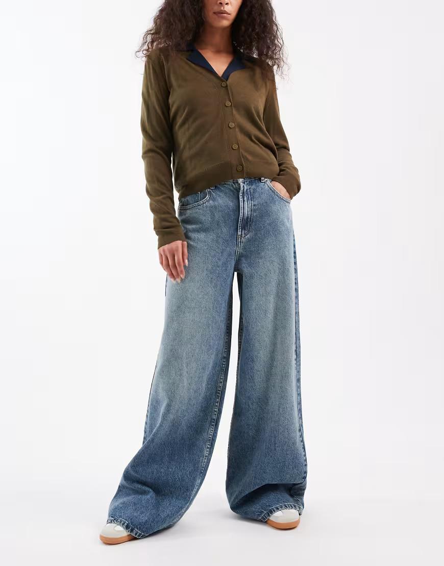ASOS DESIGN high waisted wide leg jeans with cinch in vintage wash-Blue | ASOS (Global)