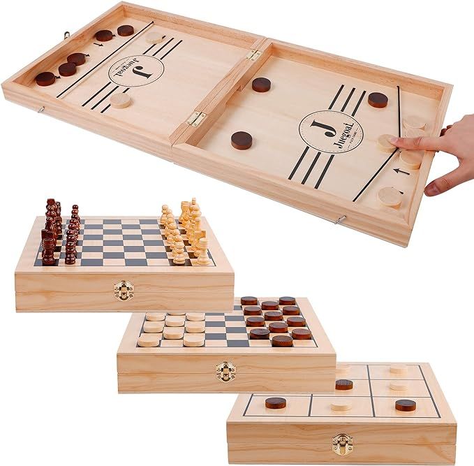 Juegoal 4-in-1 Wooden Fast Sling Puck Set for Kids and Adults, Chess, Checkers, Tic Tac Toe Games... | Amazon (US)