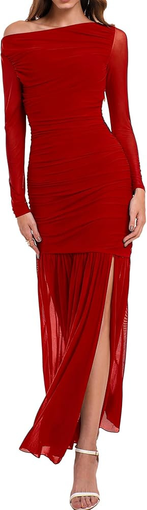 HYPERFIRE Women's Formal Wedding Guest Dresses Mesh Long Sleeve Off The Shoulder Asymmetrical Max... | Amazon (US)