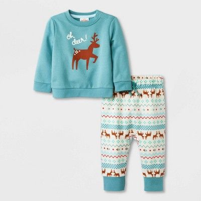 Baby Fair Isle Deer Fleece Top & Bottom Set - Cat & Jack™ Green | Target