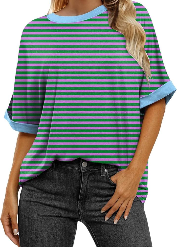 TERIVEEK Women Oversized Striped Color Block Short Sleeve T-Shirts Casual Loose Crew Neck Summer ... | Amazon (US)