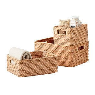 The Container Store® Medium Ori Rattan Bin w/ Handles Black | The Container Store