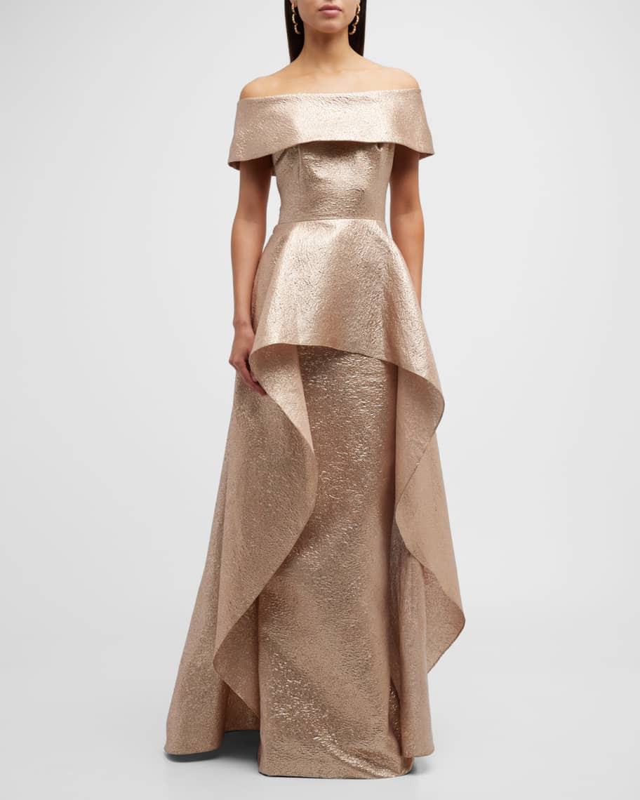 Rickie Freeman for Teri Jon Off-Shoulder Ruffle Jacquard Gown | Neiman Marcus