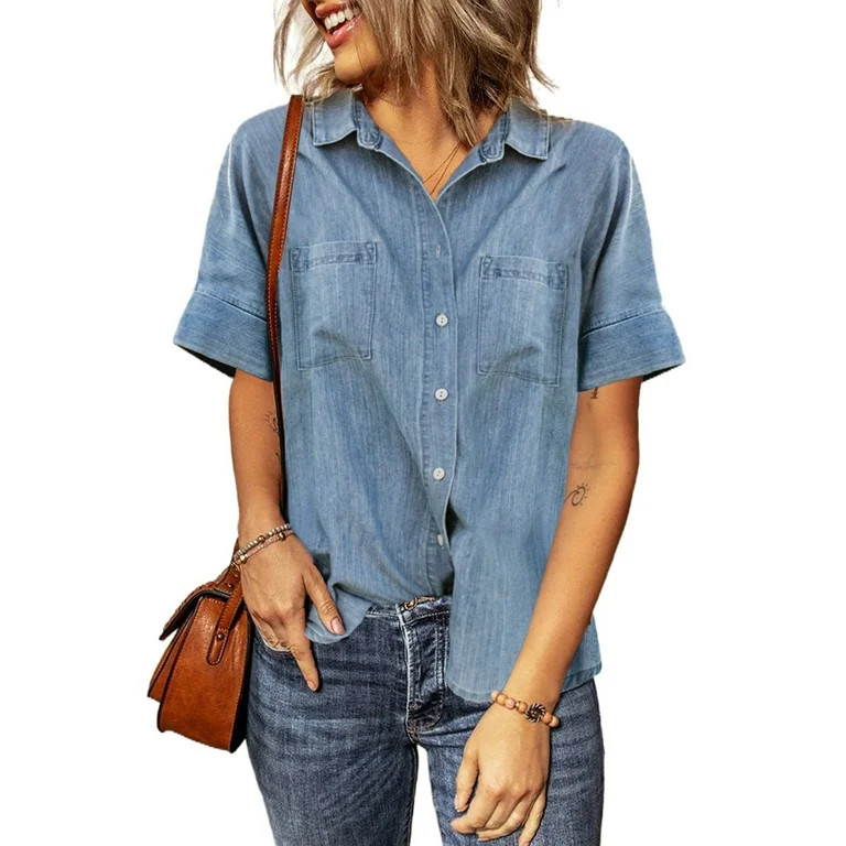 Astylish Denim Shirt Women Short Sleeve Tunic Button Down Shirt Classic Turndown Collar Shirts De... | Walmart (US)