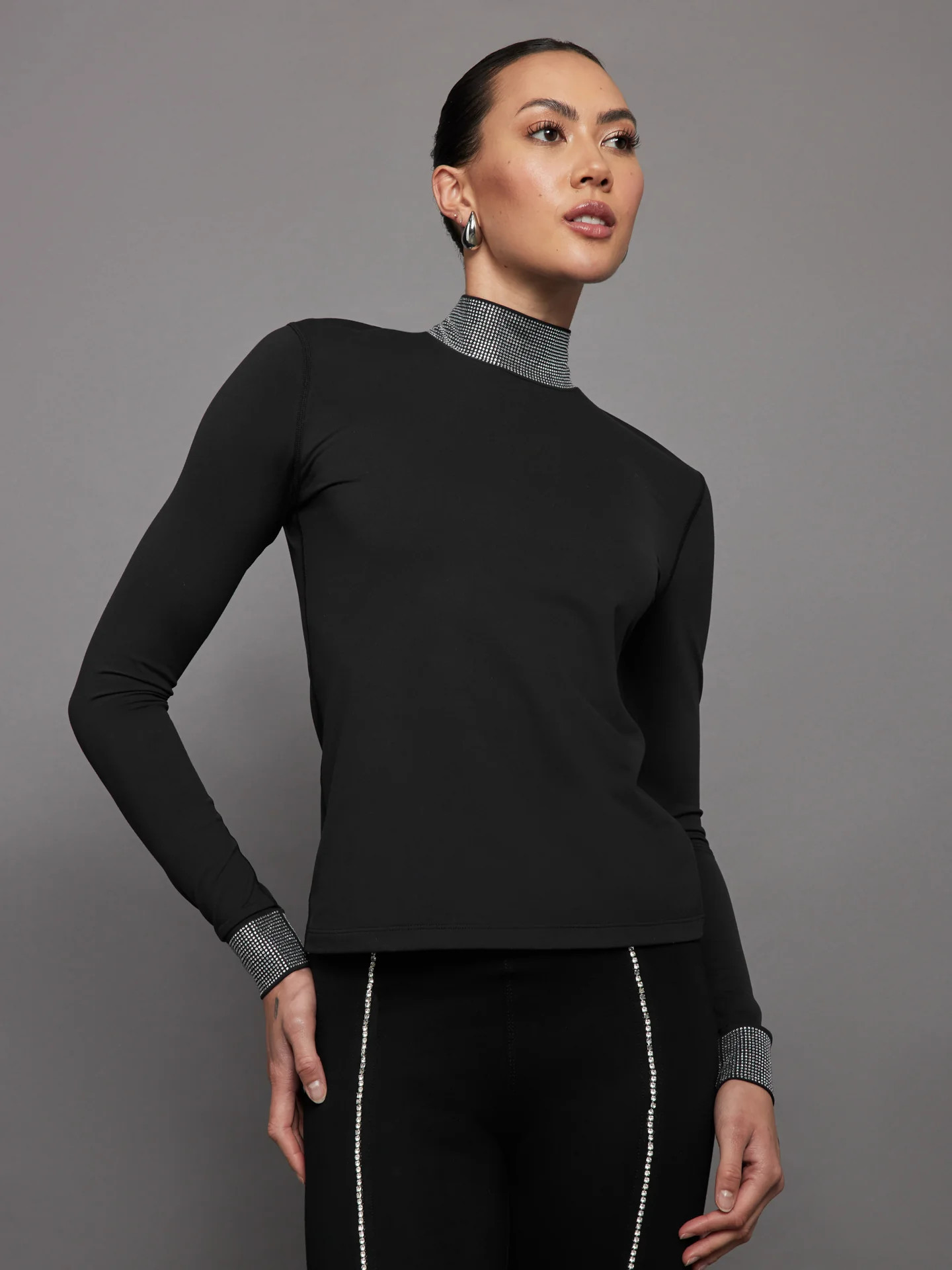 Long Sleeve Mock Neck Rhinestone Top - Black | Carbon38