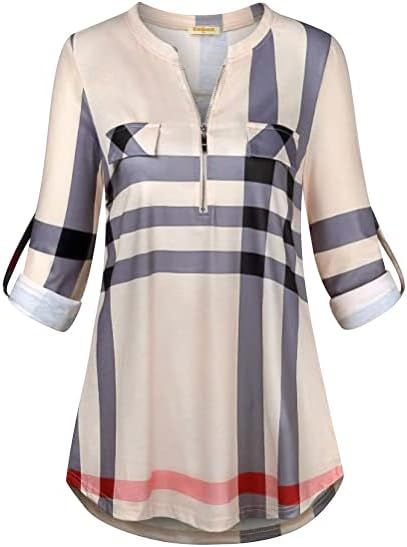 MIXJOY Baikea Women's 3/4 Sleeve V Neck Plaid Shirt Casual Tunic Blouse with Chest Flaps | Amazon (US)