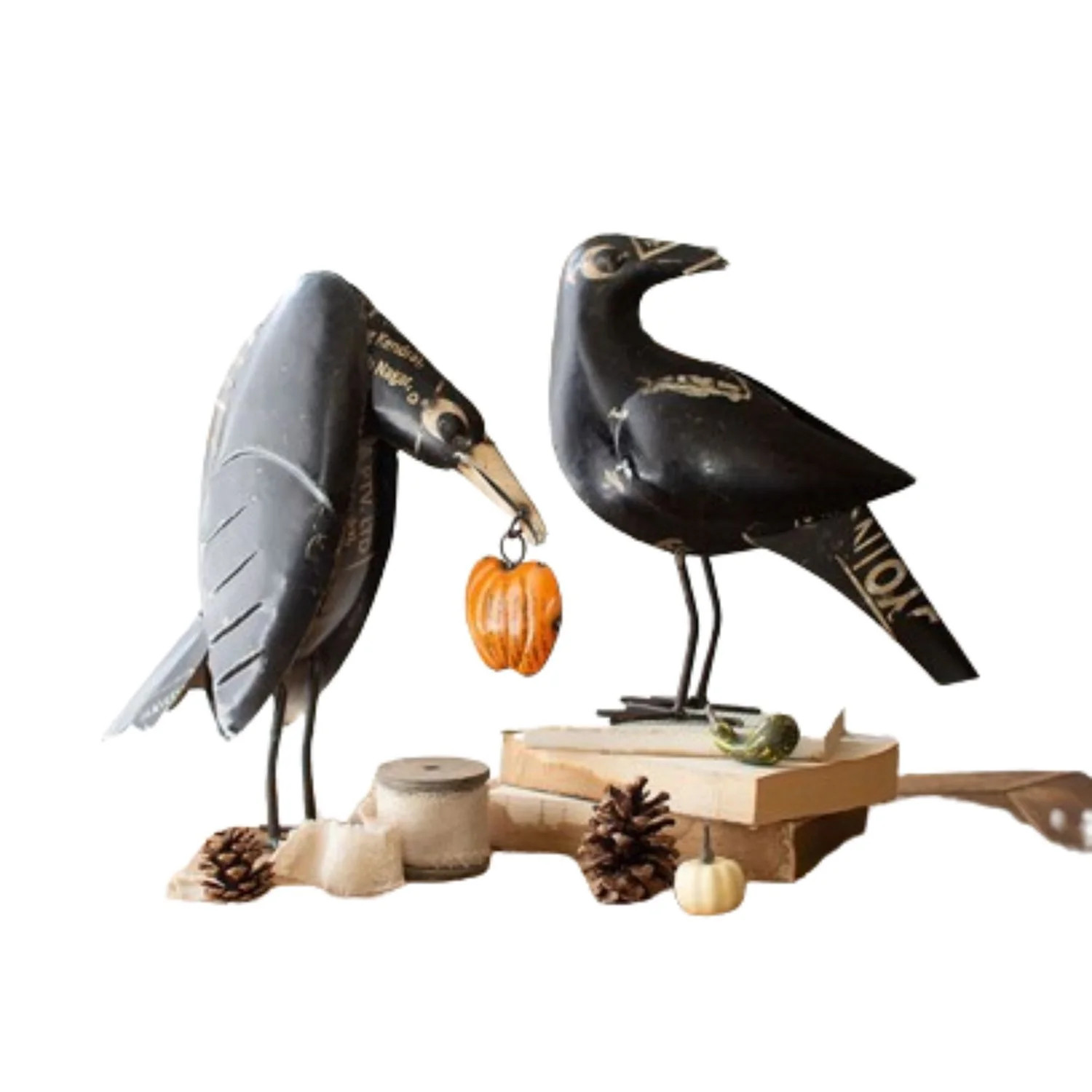 Set Of Two Recycled Iron Crows Holding A Pumpkin | Wayfair North America