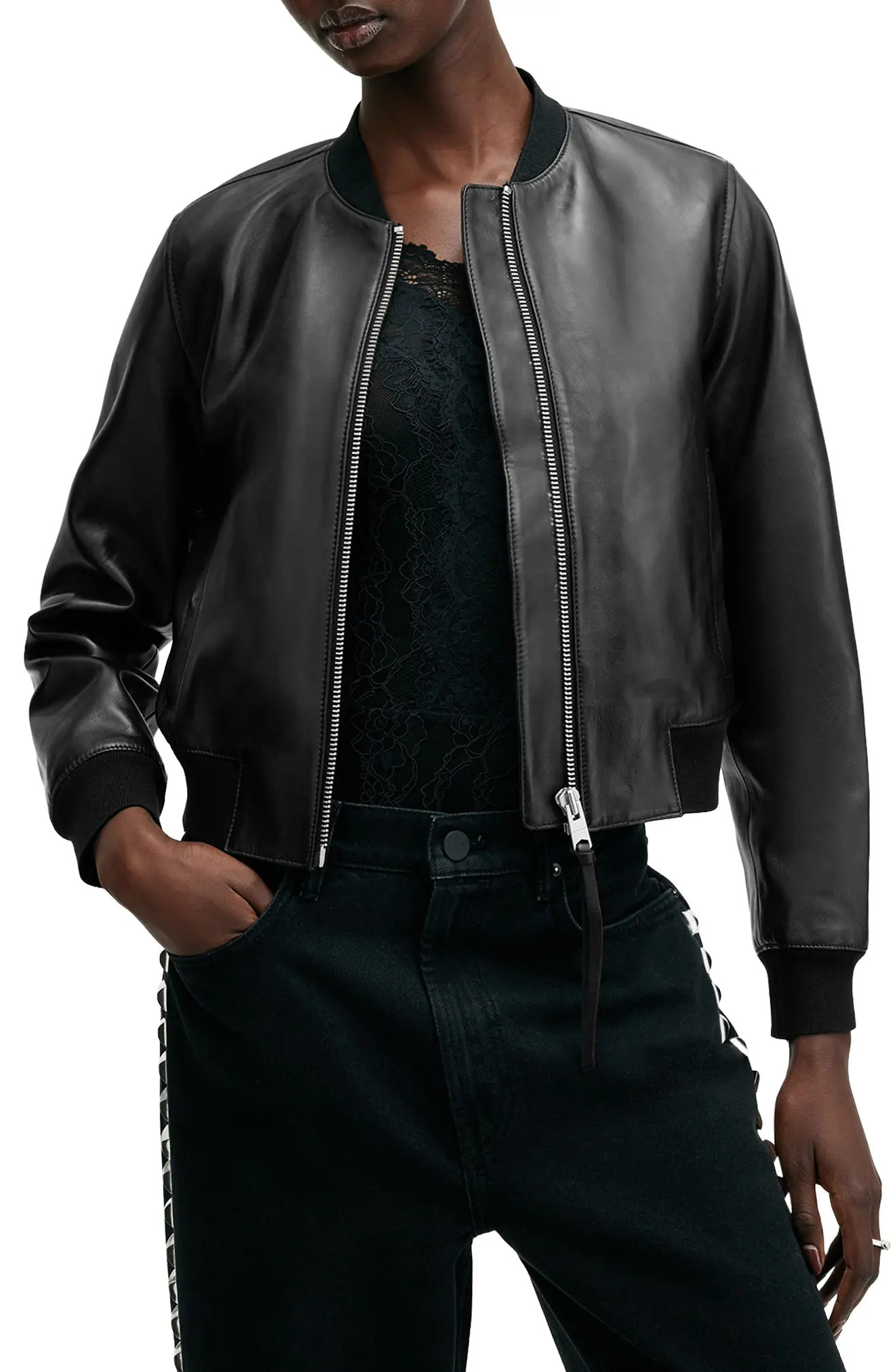 AllSaints Orten Leather Bomber Jacket in Black at Nordstrom, Size 4 Us | Nordstrom
