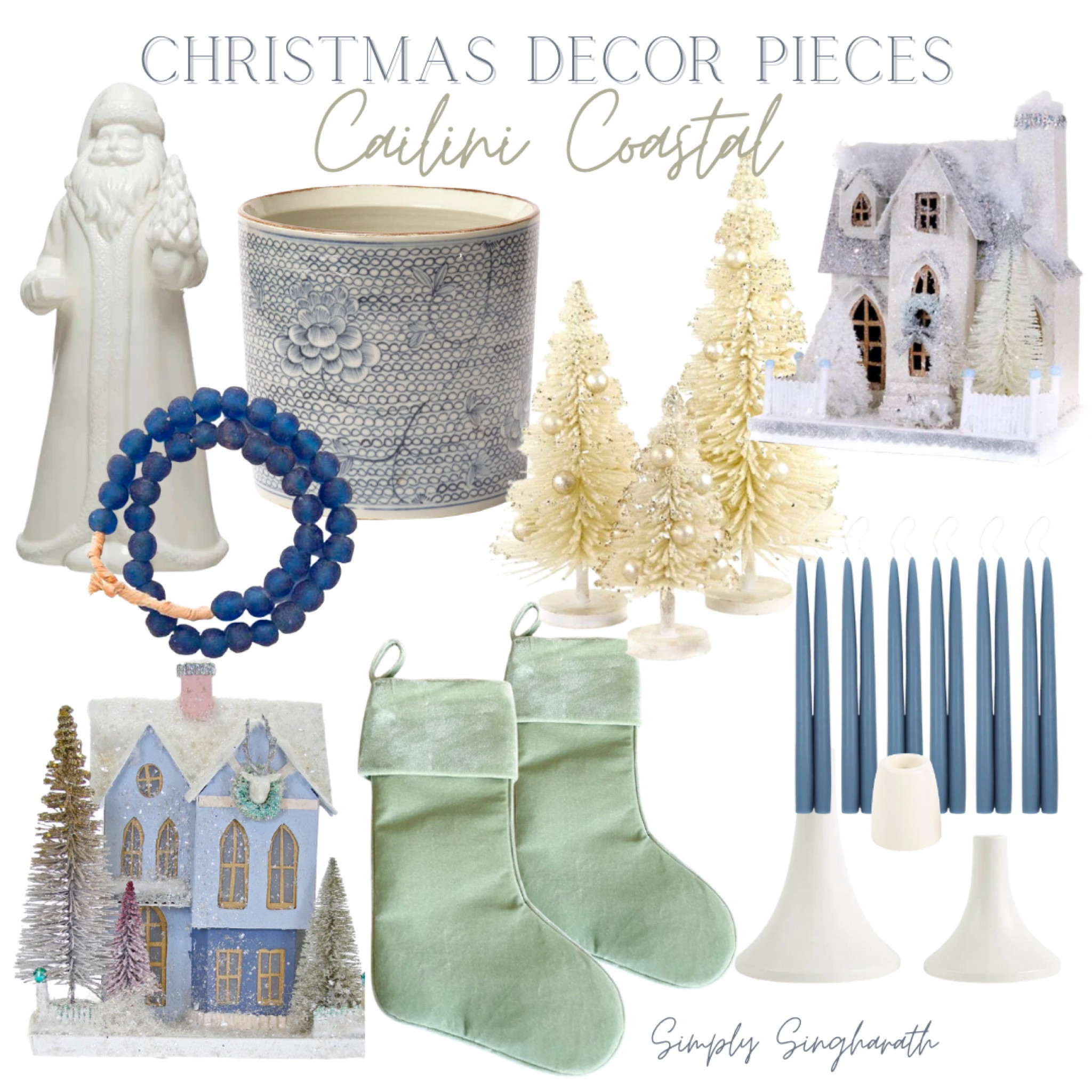 Cailini Coastal holiday decor! Loving my new pieces for Christmas styling this year. They have the perfect coastal vibe with blue, green and white decor! Seafoam stockings, cottage houses, Santa, taper candles, bottle brush trees and more! 

#LTKhome #LTKSeasonal #LTKHoliday