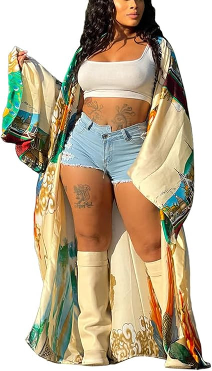 Kimono Cardigan for Women Long Boho Satin Kimono Robes Plus Size Open Front Beach Swimsuit Cover ... | Amazon (US)