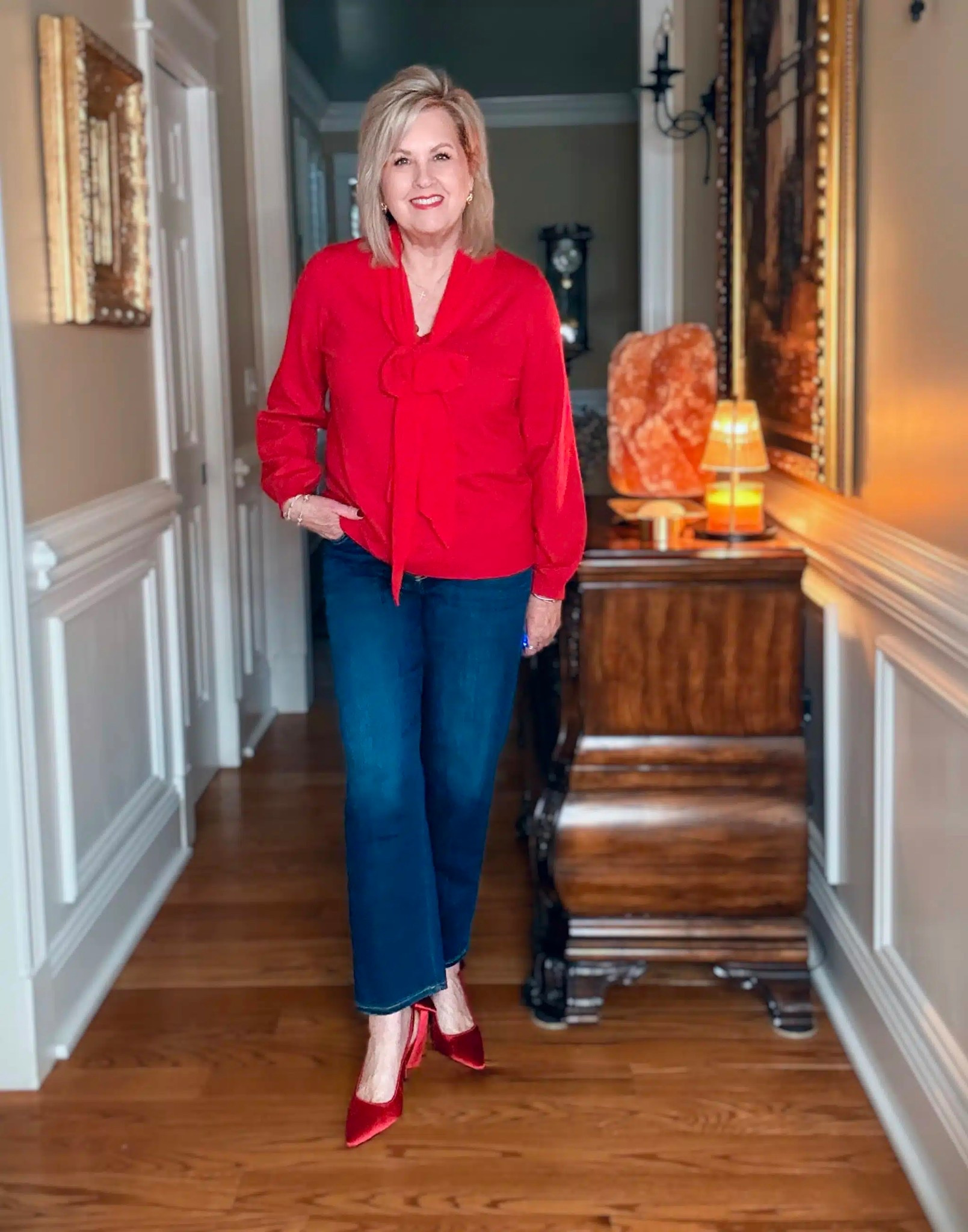 This outfit is another one that’s perfect for the holidays, without being your typical Santa wear! This blouse can be worn with almost anything. I love the dressed down look of the denim jeans, but still being nice with red heels. I’m wearing size 1 in both pieces. 

#LTKWorkwear #LTKOver40 #LTKHoliday