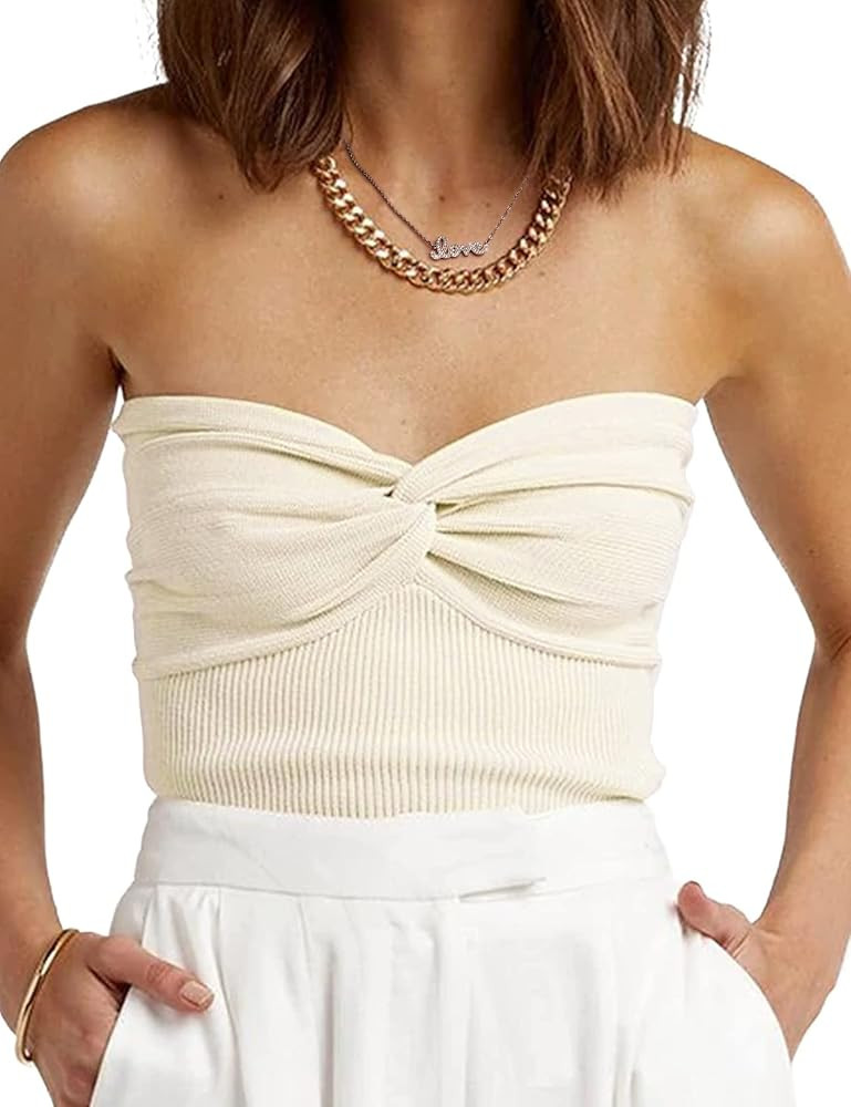 ANGGREK Womens Strapless Crop Top Twist Front Knit Tube Crop Top Tank Top Sleeveless Y2K Slim Fit... | Amazon (US)
