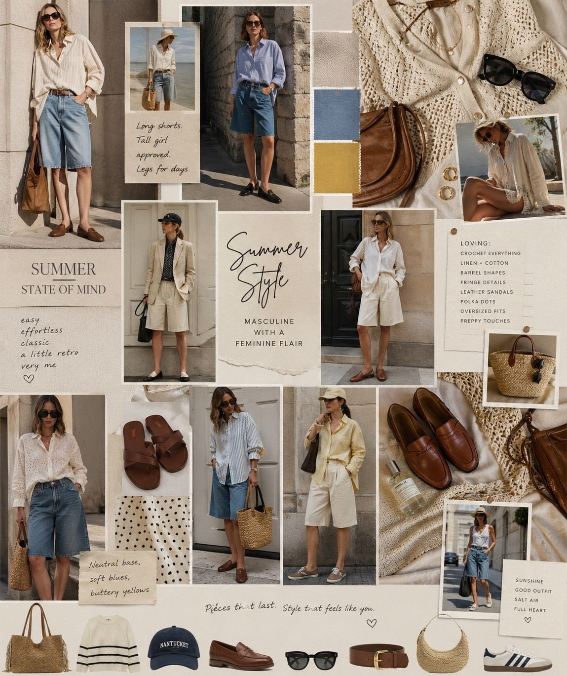 If it’s not oversized, I don’t want it.

Long shorts > short shorts.
Flowy over fitted. Always.
This summer look is:
• preppy x retro x boho
• cotton + crochet textures
• linen and relaxed barrel shapes
• leather shoes + simple sandals
Grounded in neutrals, softened with blues + yellows.
A little masculine, finished with a feminine edge.

#LTKOver40 #LTKTall #LTKWorkwear