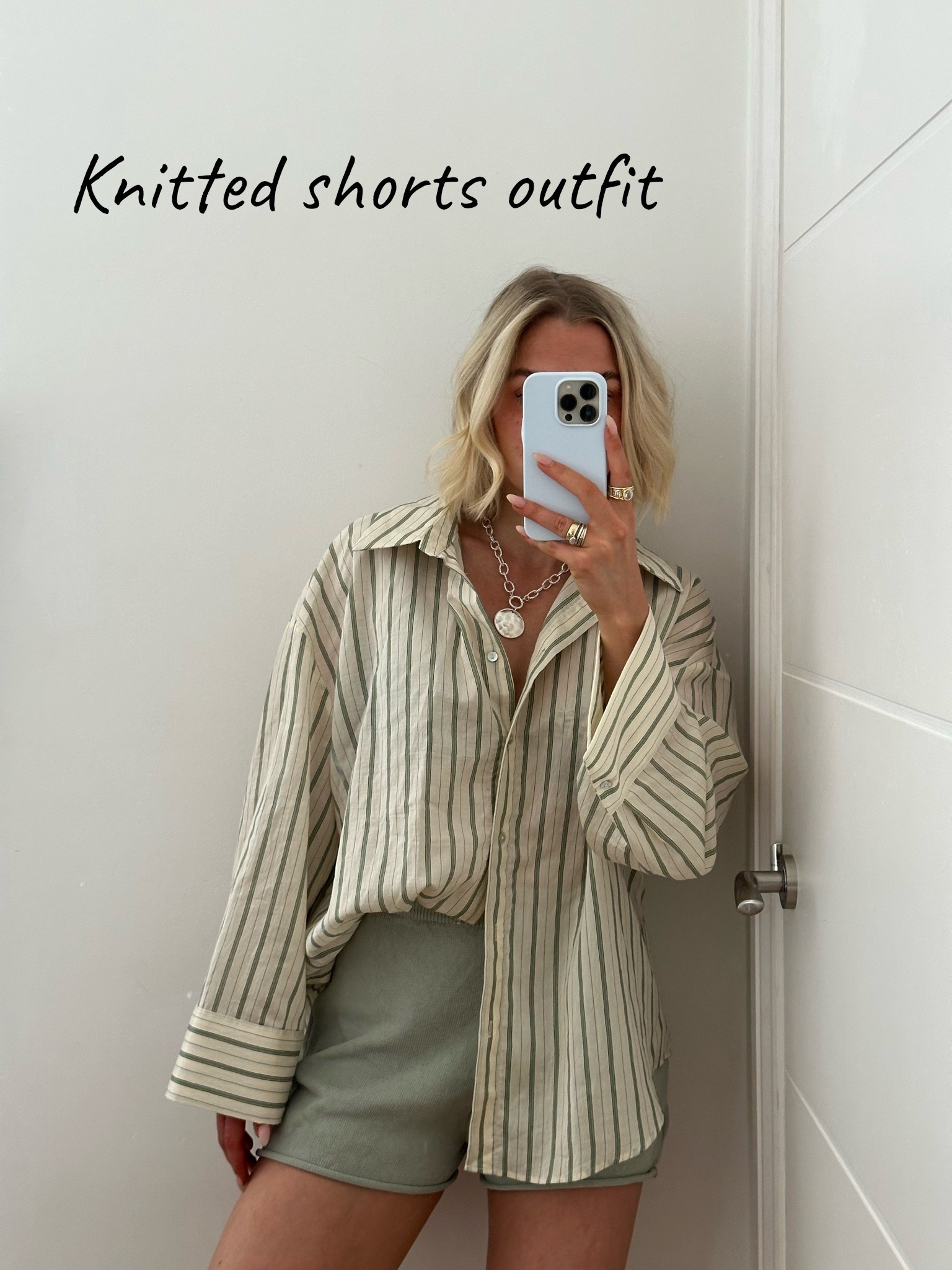 Knitted shorts
Oversized Striped shirt 
Oversized shirt 
Silver chunky necklace 
Summer outfit
Daisy London gold ring 
Chunky gold ring 
Airport outfit

#LTKgrwm #LTKootd #LTKSeasonal