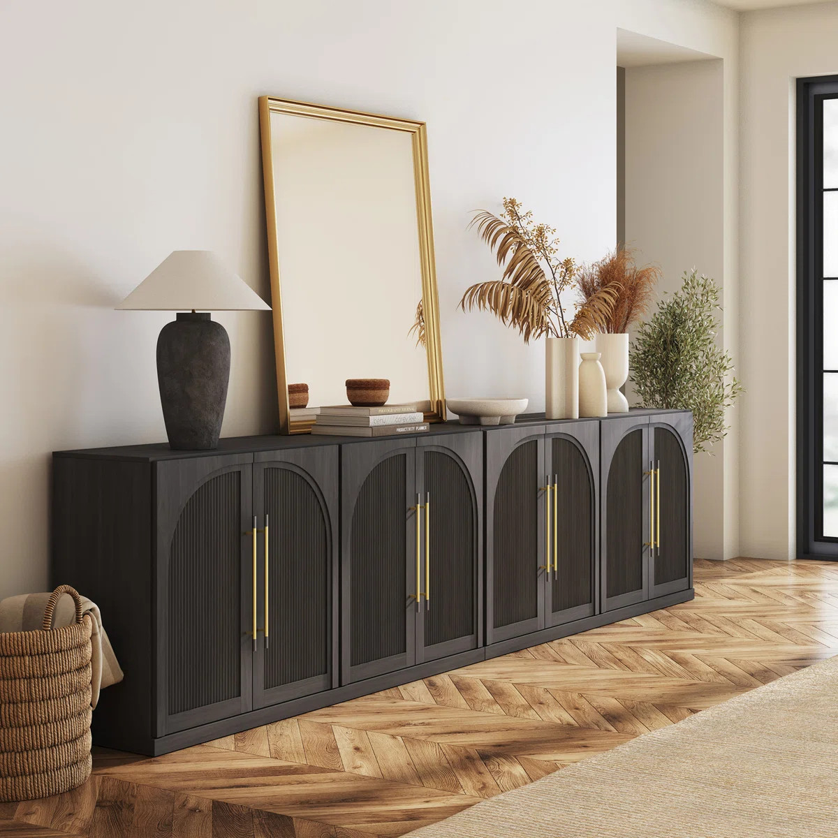 65" Sideboard with Double-Arc Wood Doors and Adjustable Shelves, Ebony | Wayfair North America