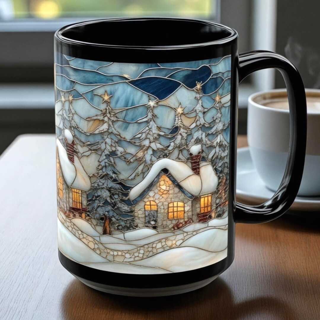 Stained Glass Winter Cottage Mug Cozy Snowy Village Coffee Cup Moonlit Holiday Art Mug Peaceful C... | Etsy (US)