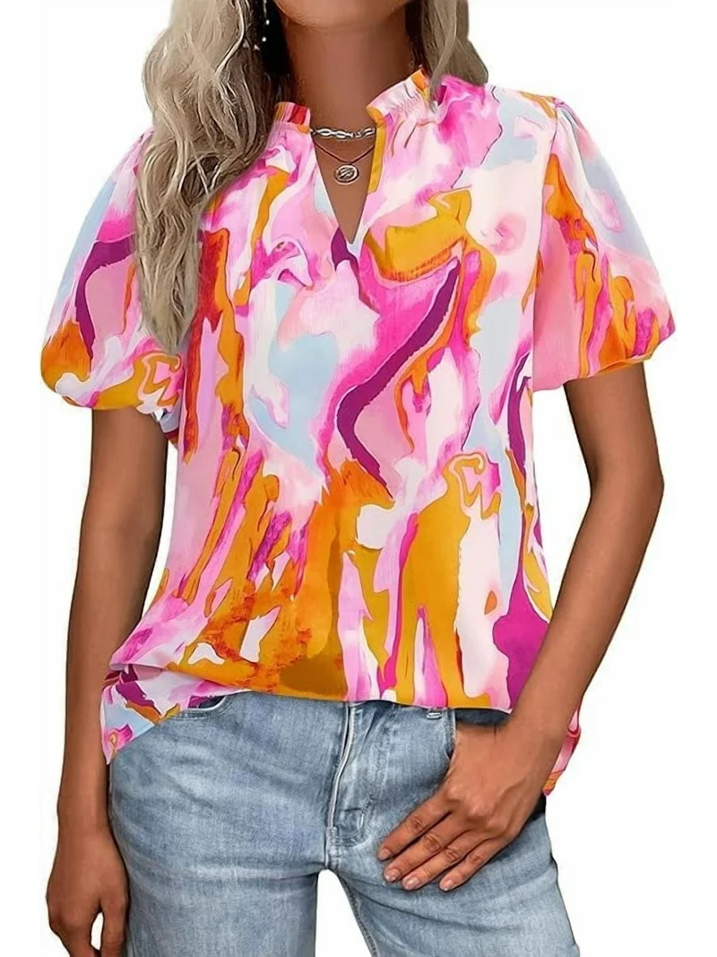 PRETTYGARDEN Boho Short Sleeve Floral Work Blouses for Women Dressy Casual V Neck Puff Sleeve Loo... | Walmart (US)
