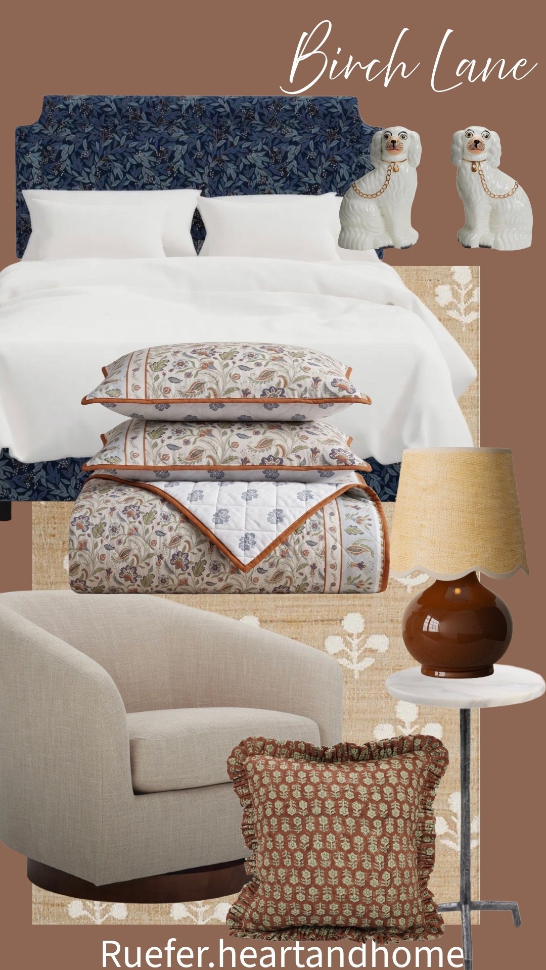 Upholstered bed, bedding set, quilt set, wool and jute rug, table lamp with scallop lampshade, pillow, block print pillow, swivel chair, accent chair, linen chair, staffordshire dog figurines

#LTKSeasonal #LTKHome #LTKSaleAlert