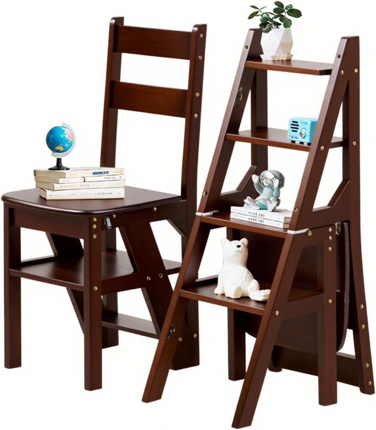 Solid Wood 3-in-1 Folding Ladder Chair, Convertible Step Stool & Display Rack, 4-Tier Multi-Funct... | Amazon (US)