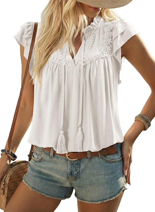 Dokotoo Womens Summer Tops Dressy Casual Ruffle Cap Sleeve Chiffon Blouses Tassel V Neck Lace Emb... | Amazon (US)