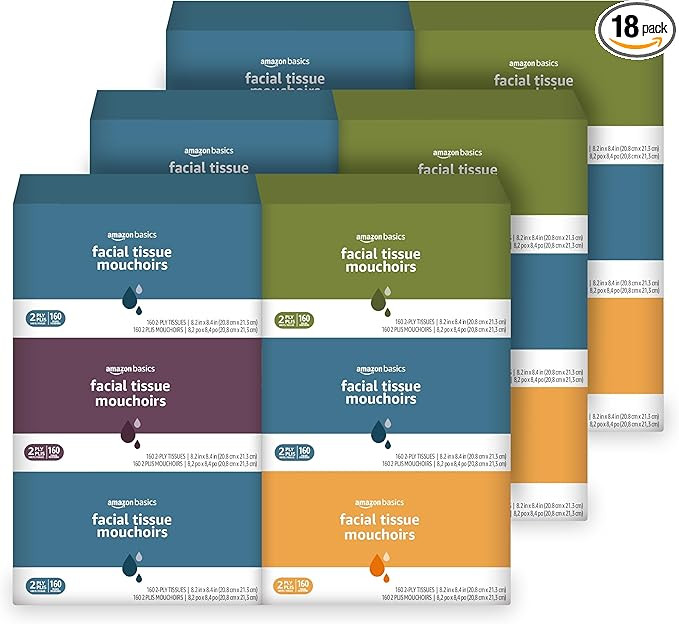 Amazon Basics Facial Tissue, 2-Ply, 2880 Count (18 Packs of 160), (Packaging May Vary) | Amazon (US)