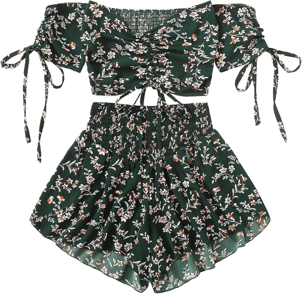 SheIn Women's Boho Floral Two Piece Outfit Off Shoulder Drawstring Crop Top and Shorts Set | Amazon (US)