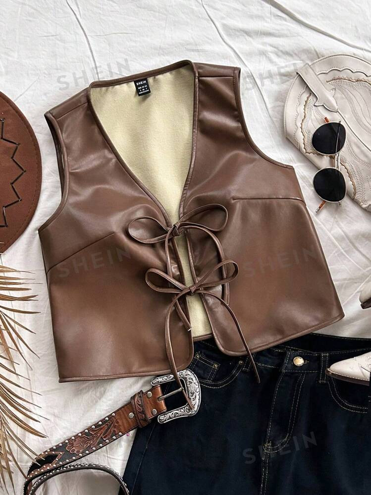 SHEIN WYWH Women Brown Soft Leather Sleeveless Cardigan Tie-Waist Tank Top, Fashionable Fall & Wi... | SHEIN