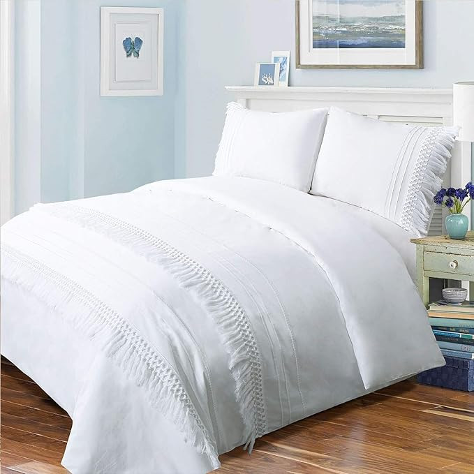 YINFUNG White Boho Duvet Cover Set Queen Tassel Macrame Textured Crochet 90x90 Fringe Elegant Bri... | Amazon (US)