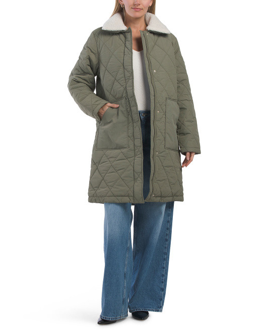 Quilted Long Coat With Faux Shearling Collar | TJ Maxx