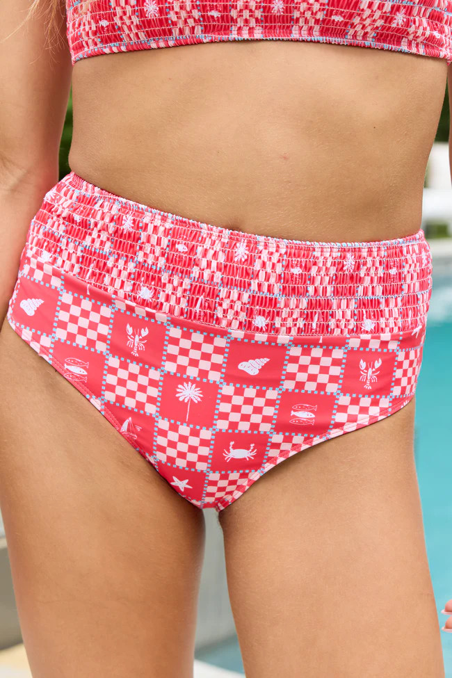Poolside Paradise Red Patchwork High Waisted Bikini Bottom | Pink Lily
