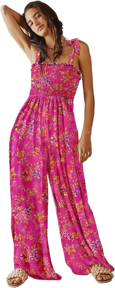 YESNO Women's Casual Overalls Summer Tie Shoulder Smocked Floral Wide Leg Jumpsuits Baggy Rompers... | Amazon (US)