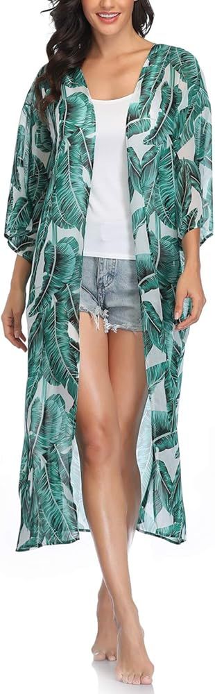 Women's Long Sheer Floral Kimono Cardigan, Chiffon Bikini Beach Cover up, Summer Blouse Loose Top... | Amazon (US)