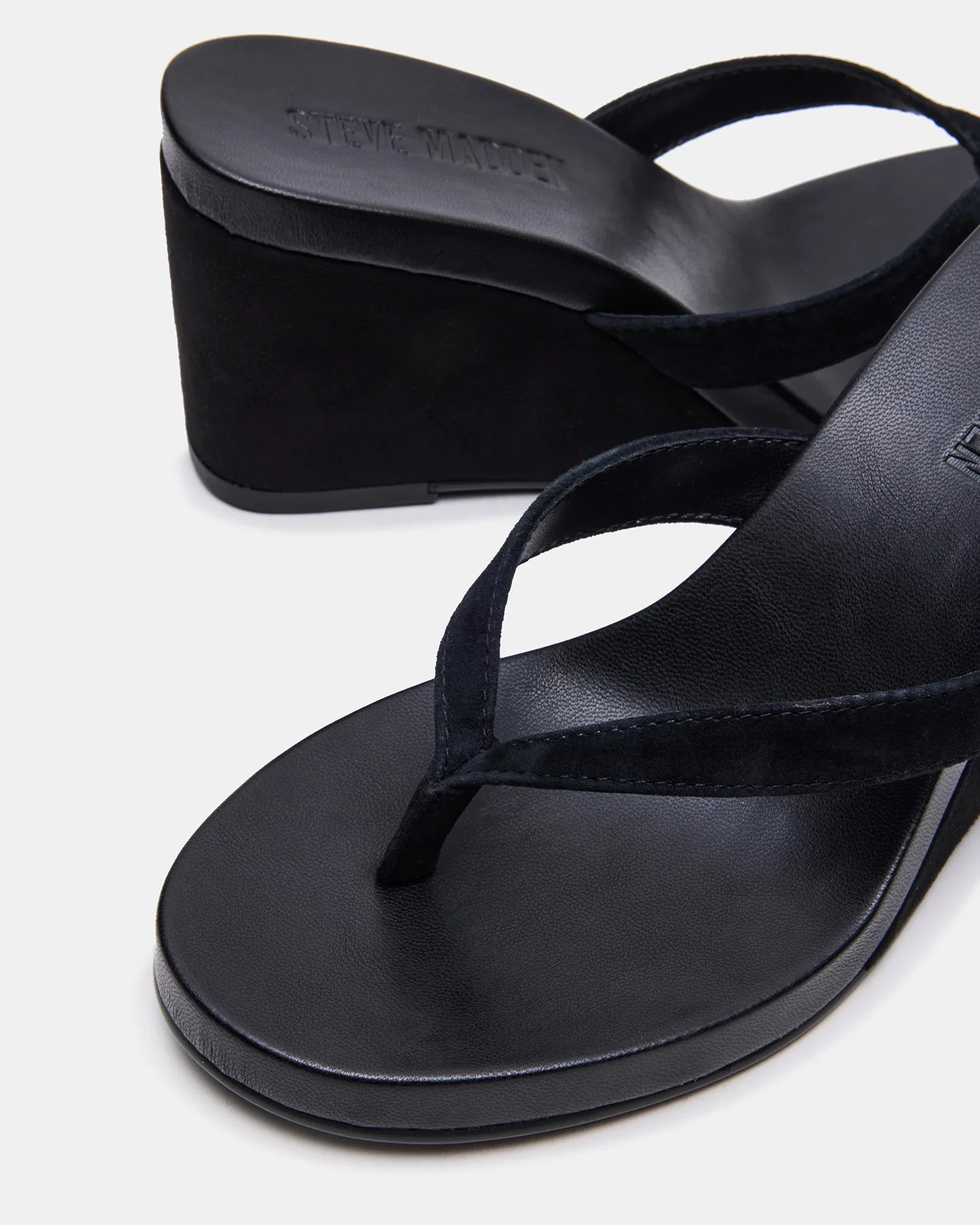 PLAYING Black Suede Thong Strap Wedge Sandals | Women's Designer Sandals | Steve Madden (Canada)