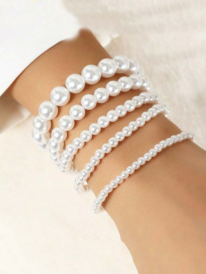 5pcs/Set Fashionable Simple & Elegant Pearl & Heart Beaded Bracelet For Women | SHEIN
