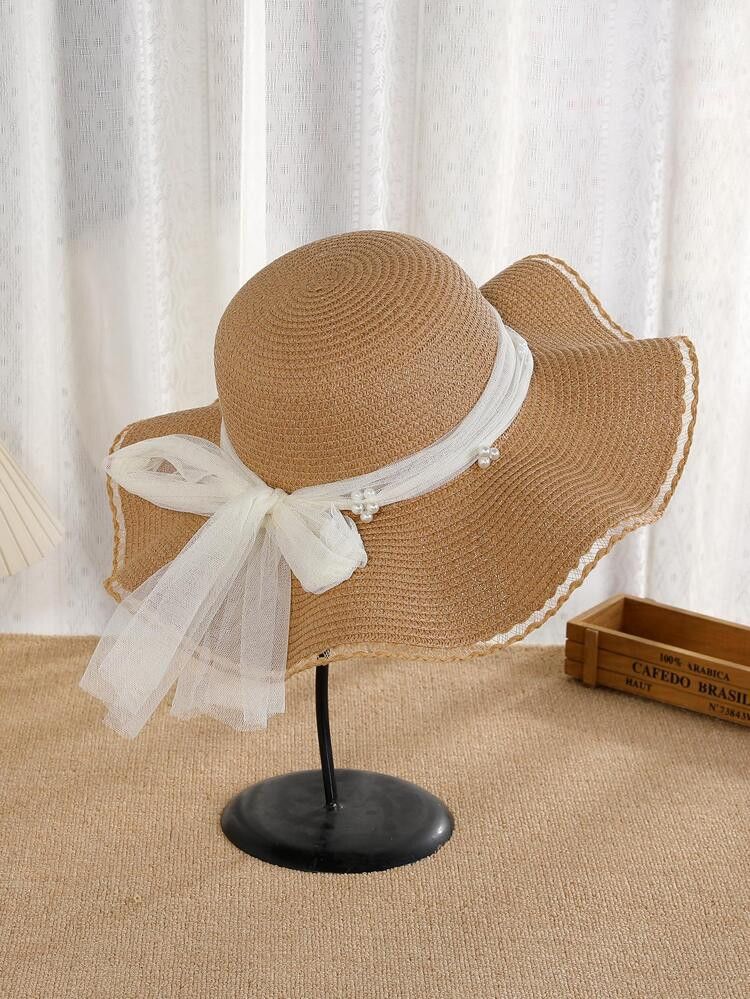 Women Faux Pearl & Bow Decor Wide Brim Boho Straw Hat For Outdoor Travel | SHEIN