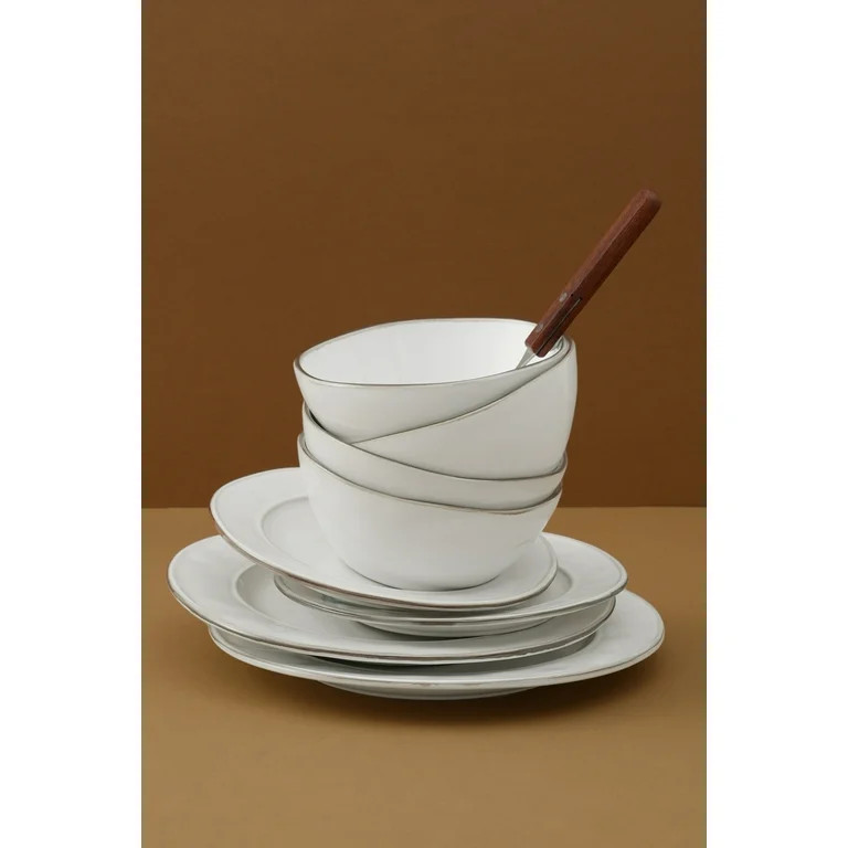 Famiware Aurora 12 Piece Dinnerware Set, Stoneware Plates and Bowls Set, Service for 4, Pearl Whi... | Walmart (US)