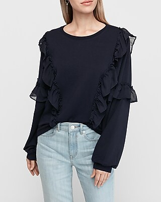 Chiffon Trim Crew Neck Fleece Sweatshirt | Express